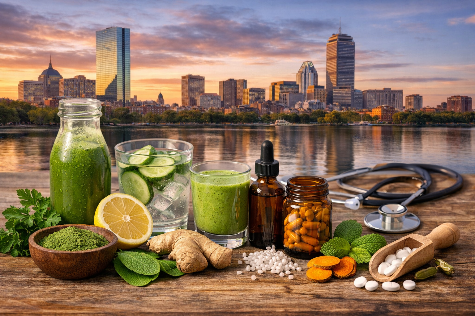 Detox essentials with sunset cityscape