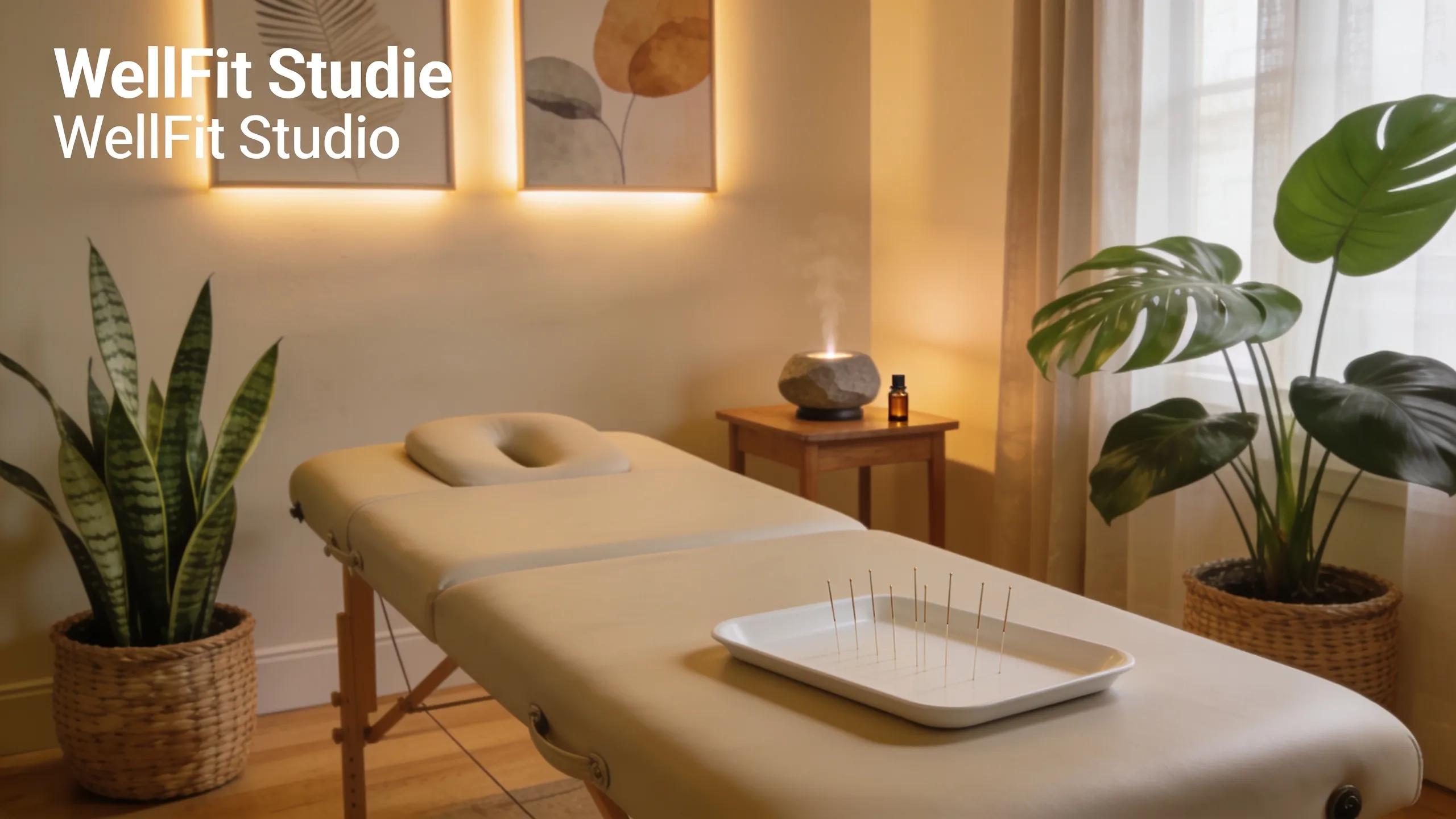 WellFit Studio treatment room featuring acupuncture needles and a calming ambiance, highlighting integrative health services