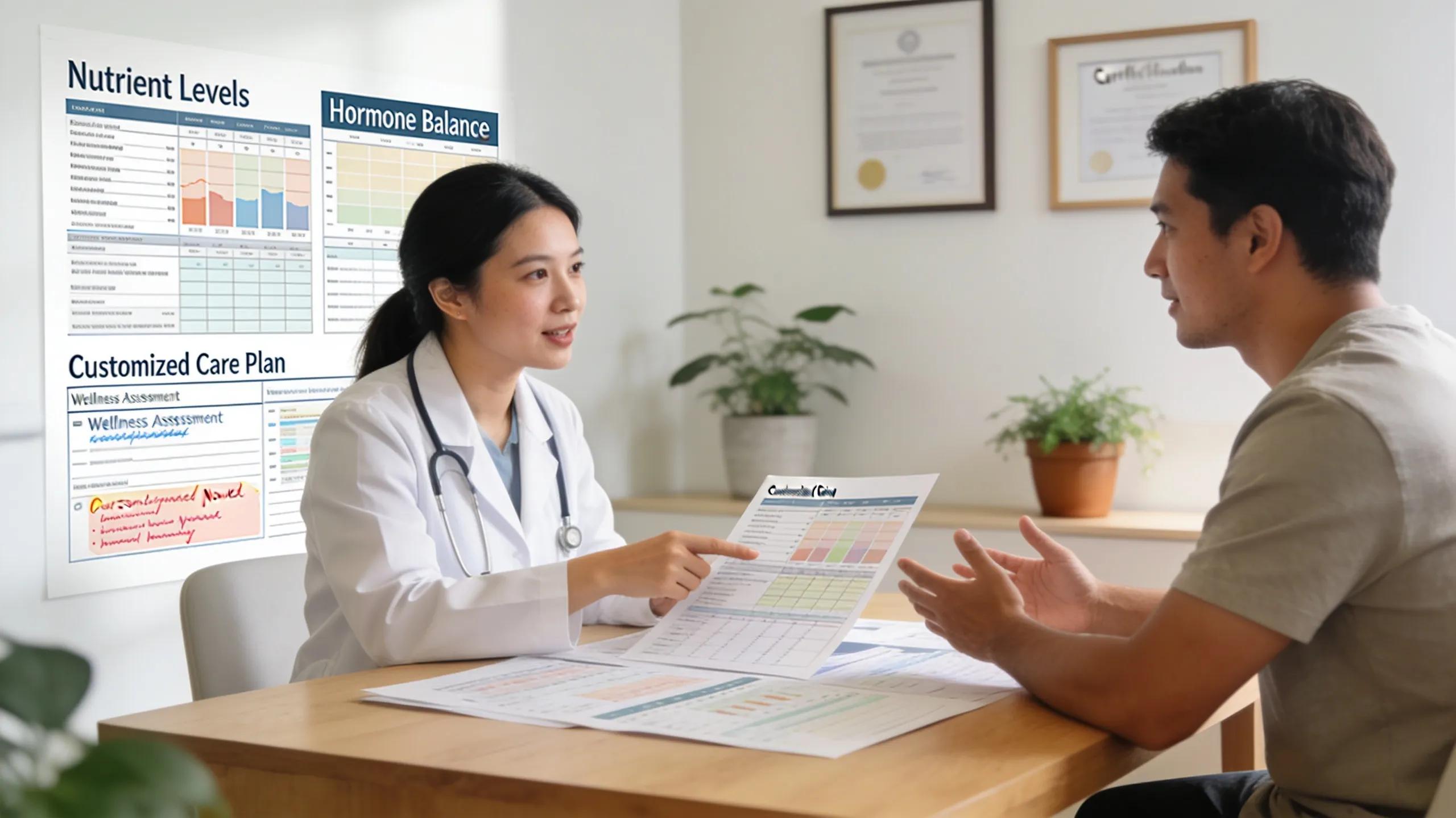 Healthcare professional explaining functional medicine diagnostics and personalized testing to a patient, emphasizing collaborative care