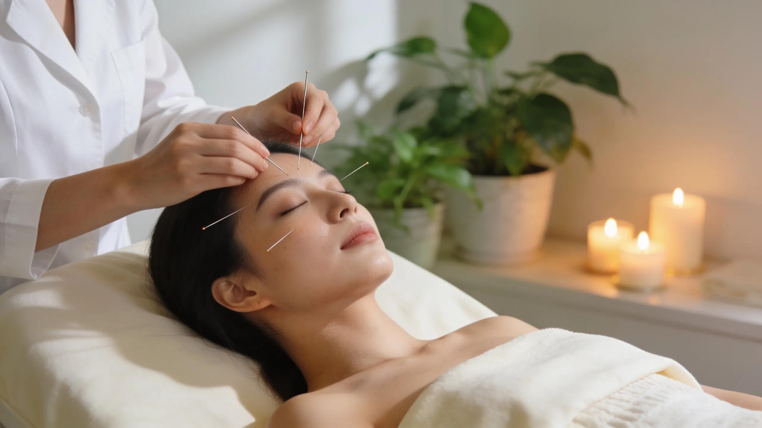 Cosmetic acupuncture treatment room with a practitioner applying needles, emphasizing natural rejuvenation techniques