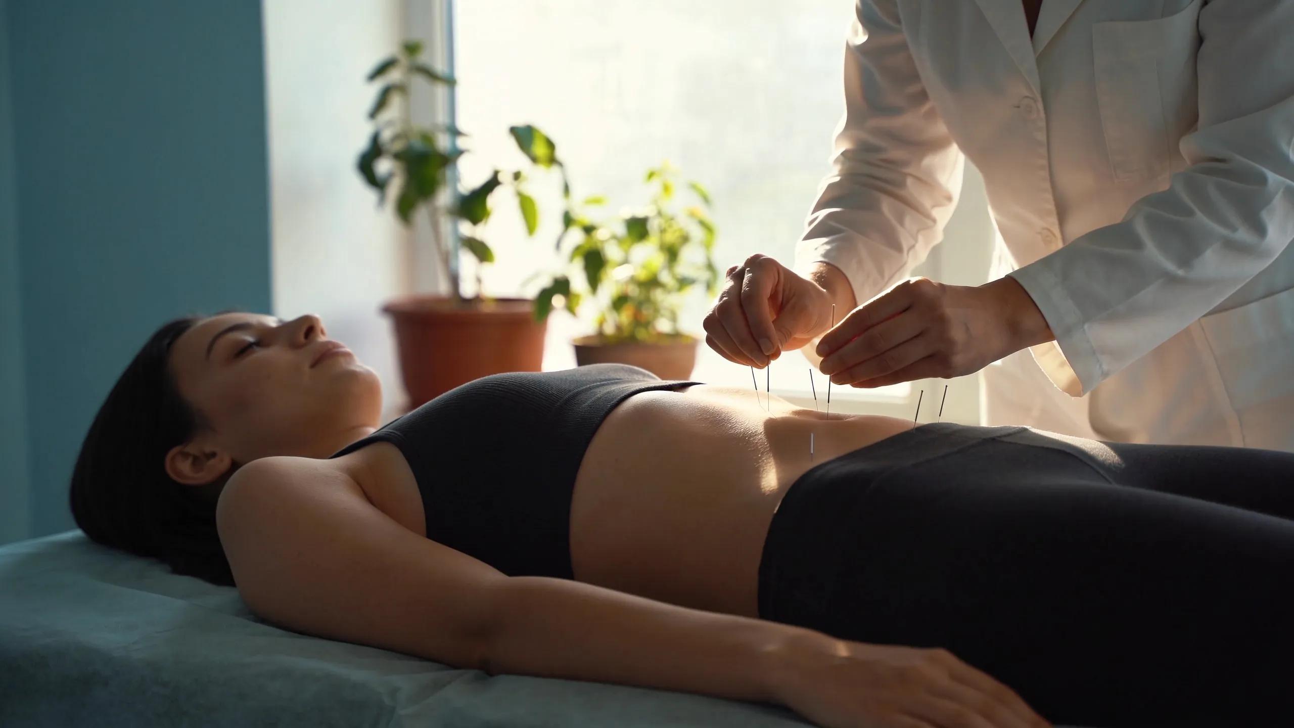 Calming acupuncture session aimed at enhancing fertility in a serene clinic