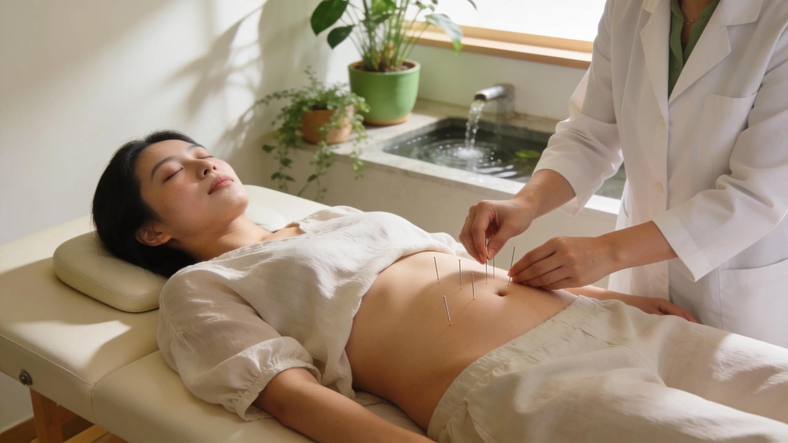 Acupuncture therapy session focused on fertility treatment in a calming clinic environment