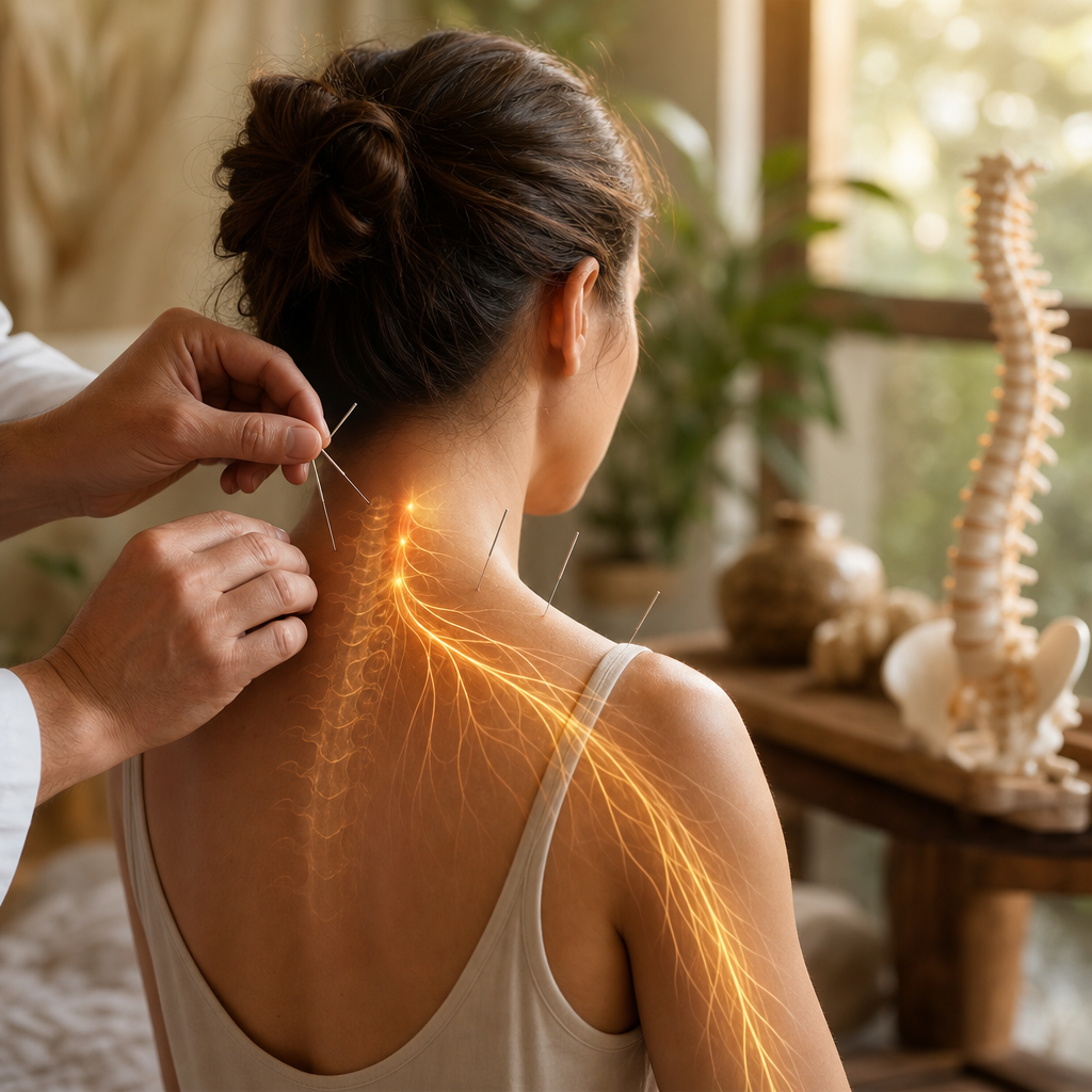 Acupuncture treatment for neck pain and nerve compression, illustrating energy flow and healing.