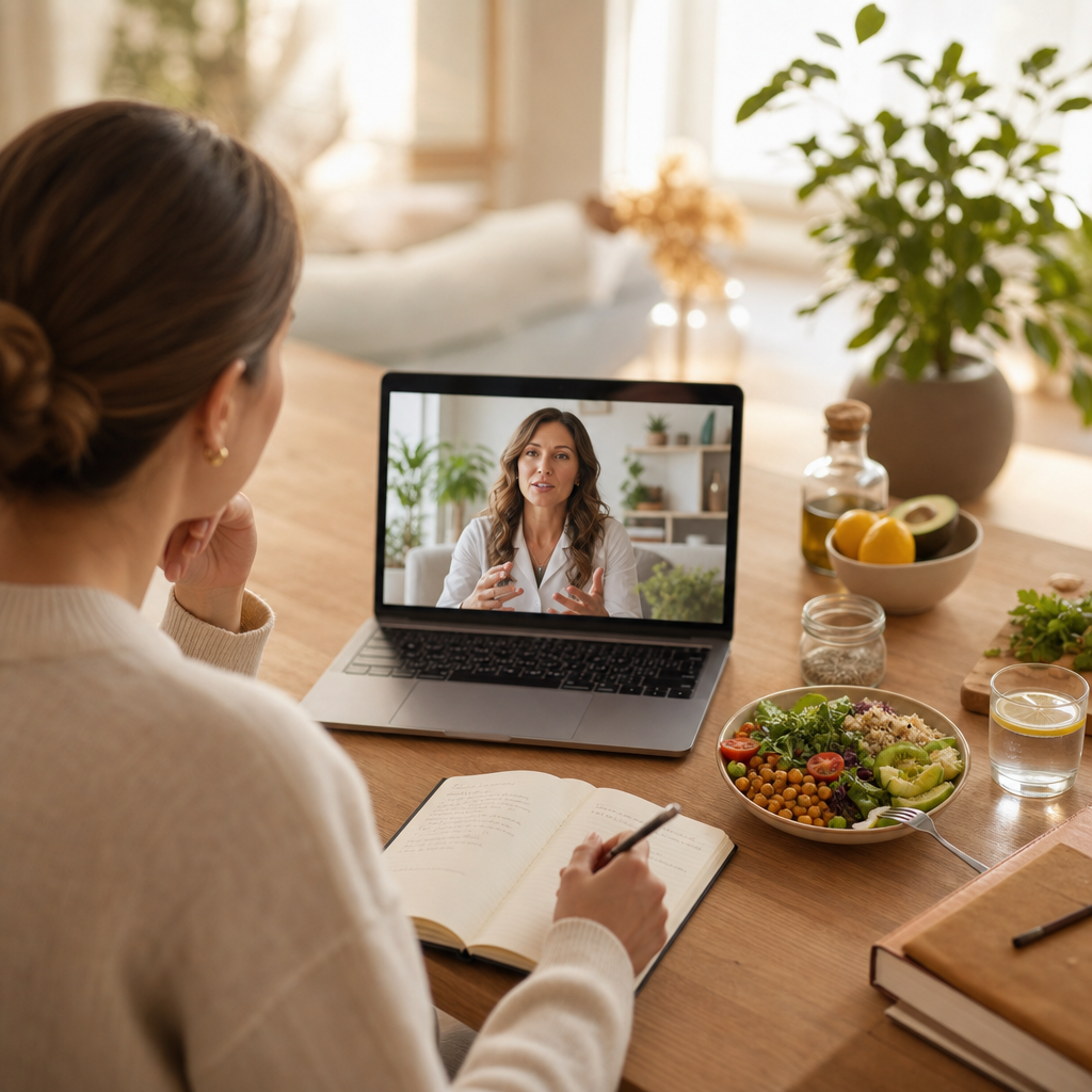 Woman participating in telehealth nutrition coaching session on laptop, healthy food and notebook present.