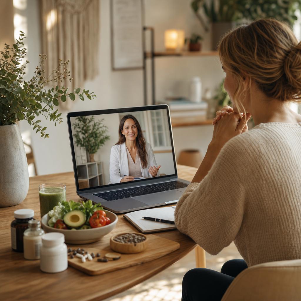 Woman participating in telehealth consultation with nutritionist, healthy food and supplements on table