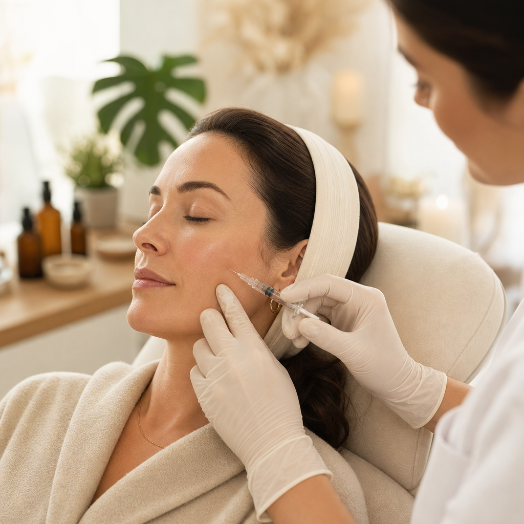 Facial biostimulator injection treatment at WellFit Studio, Boston, with aesthetic expert and patient receiving injections.