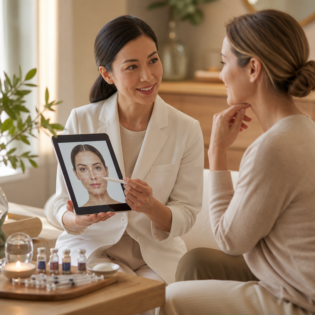 Aesthetic consultation at WellFit Studio in Boston, MA, showcasing facial biostimulator treatment plan and collagen induction.