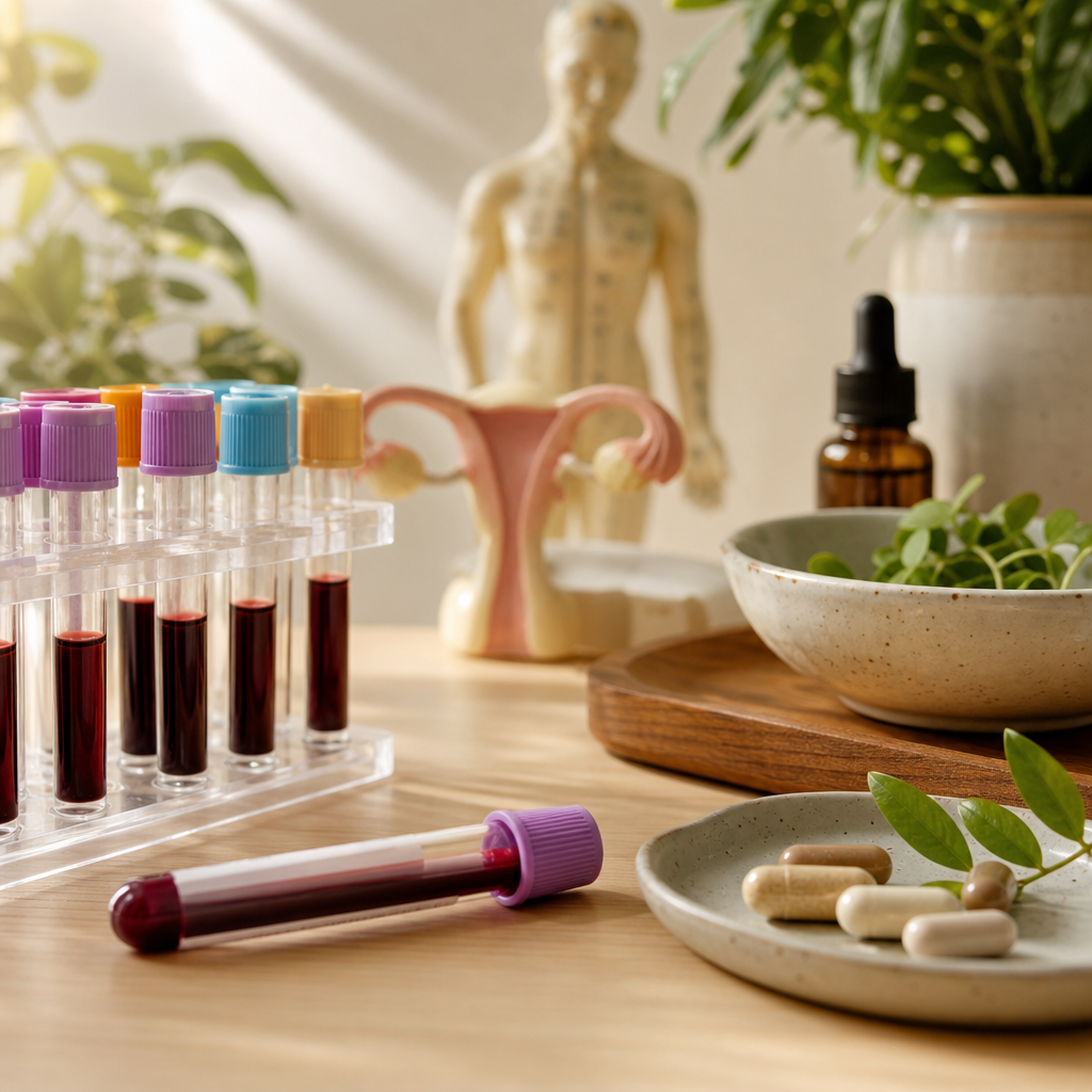 Test tubes and vials with blood samples, hormone metabolite markers, and supplements for functional medicine testing and personalized treatment.