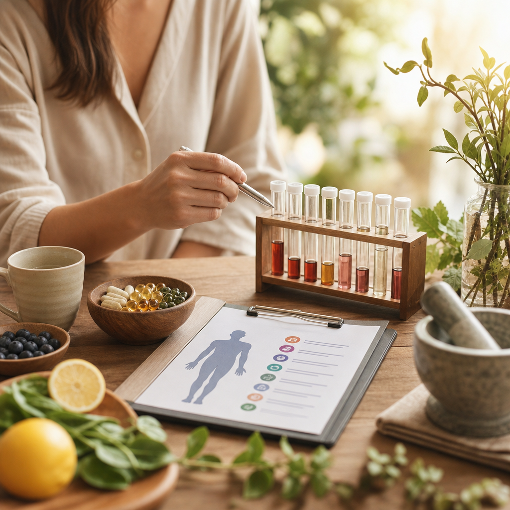 Test tubes and lab results alongside nutritional supplements and whole foods illustrating functional lab testing and personalized care at WellFit Studio in Boston.