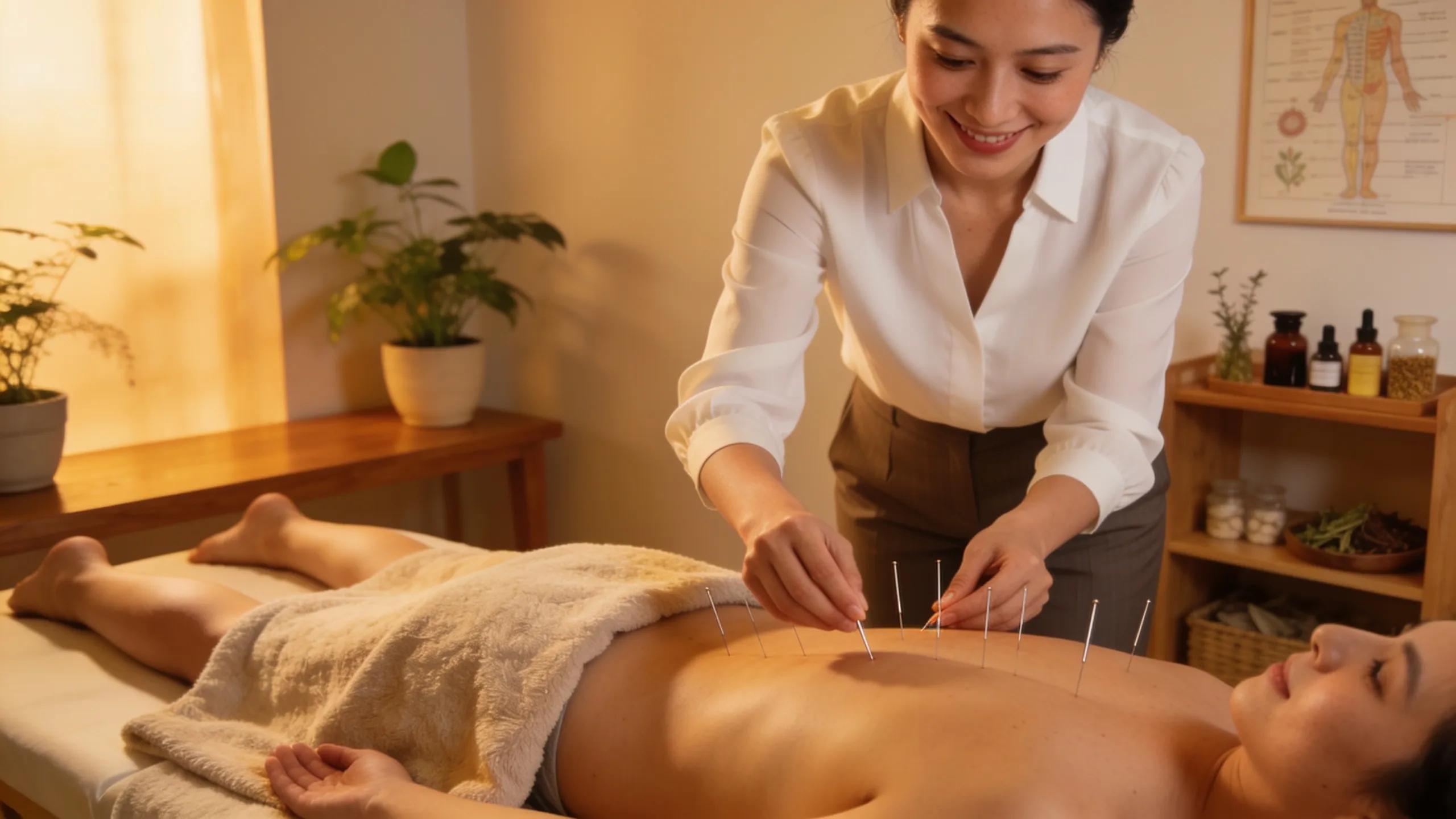 Practitioner and patient collaborating during an acupuncture session, illustrating the integration of holistic therapies