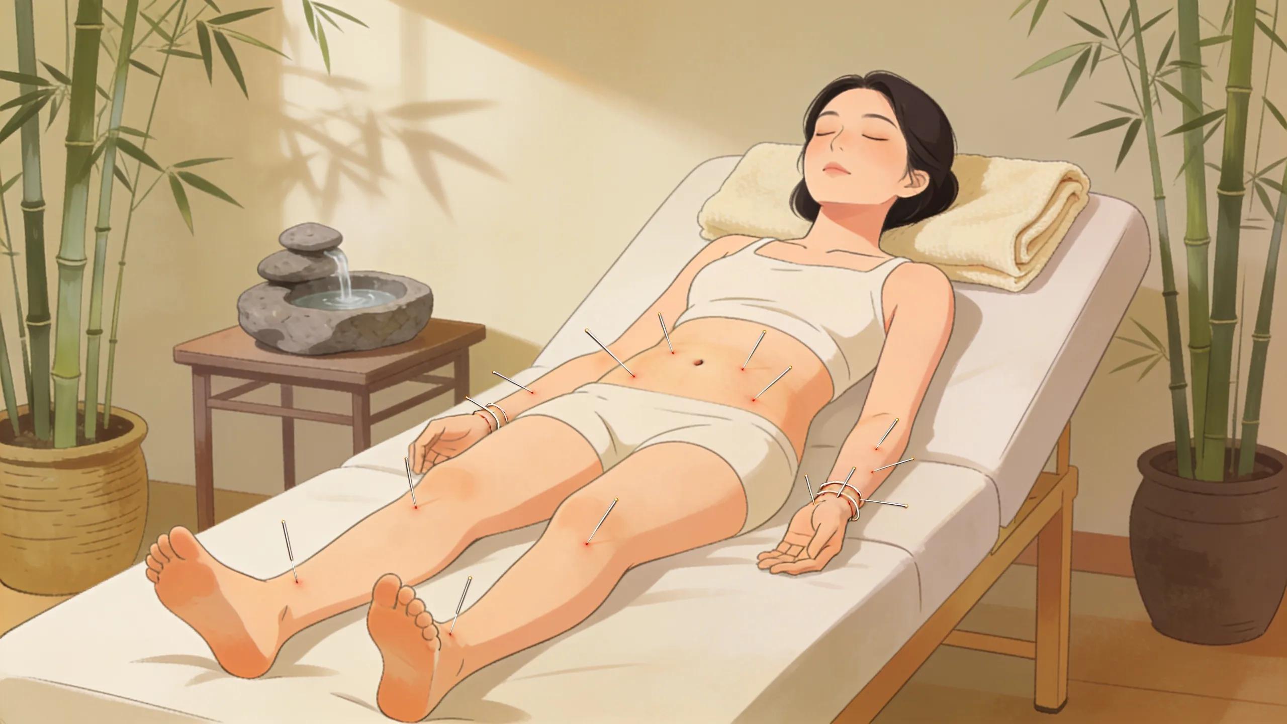 Woman receiving acupuncture treatment for fertility support and hormonal balance.