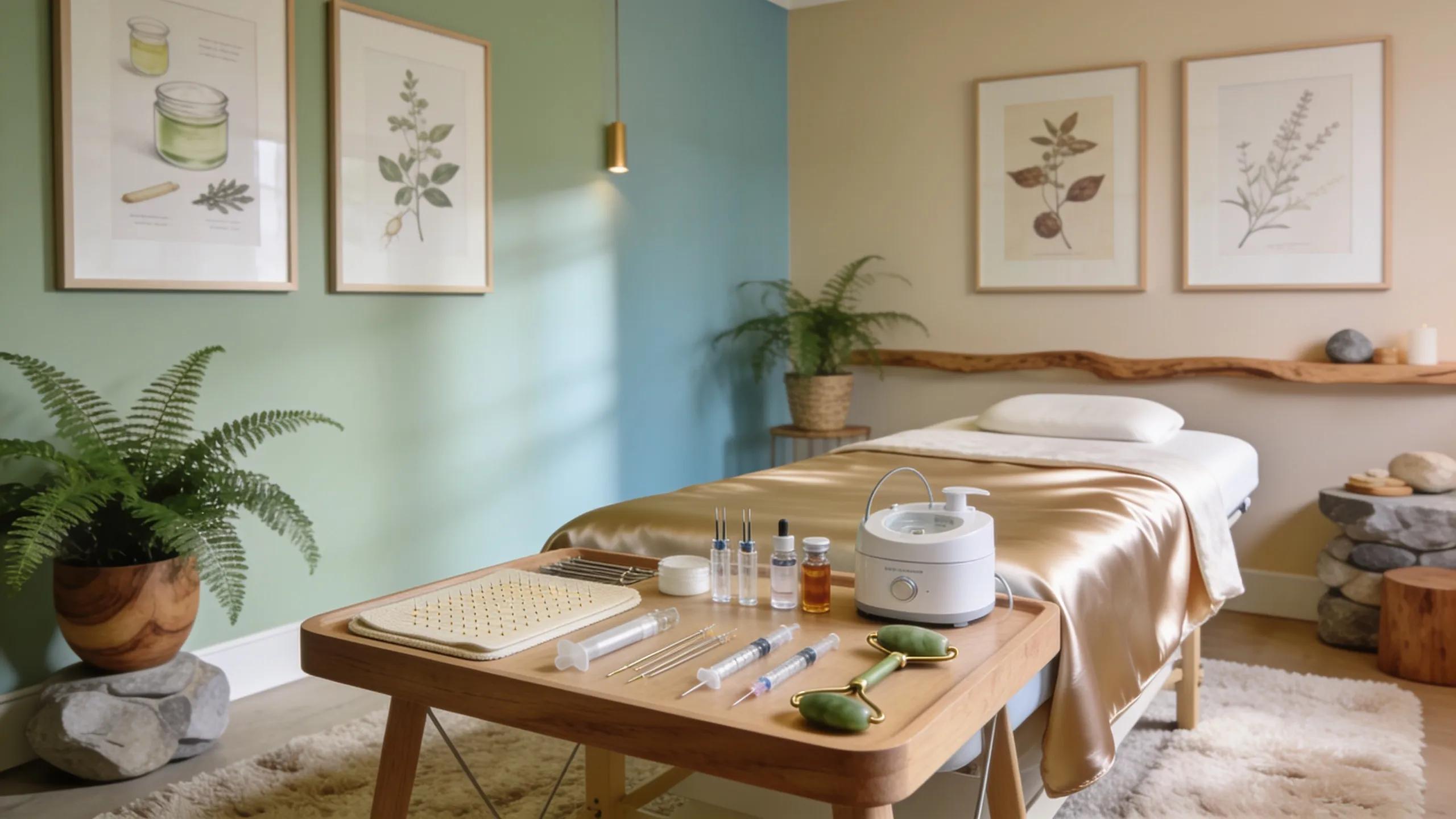 Serene wellness treatment room in Boston emphasizing natural facial rejuvenation treatments like cosmetic acupuncture and PRP therapy