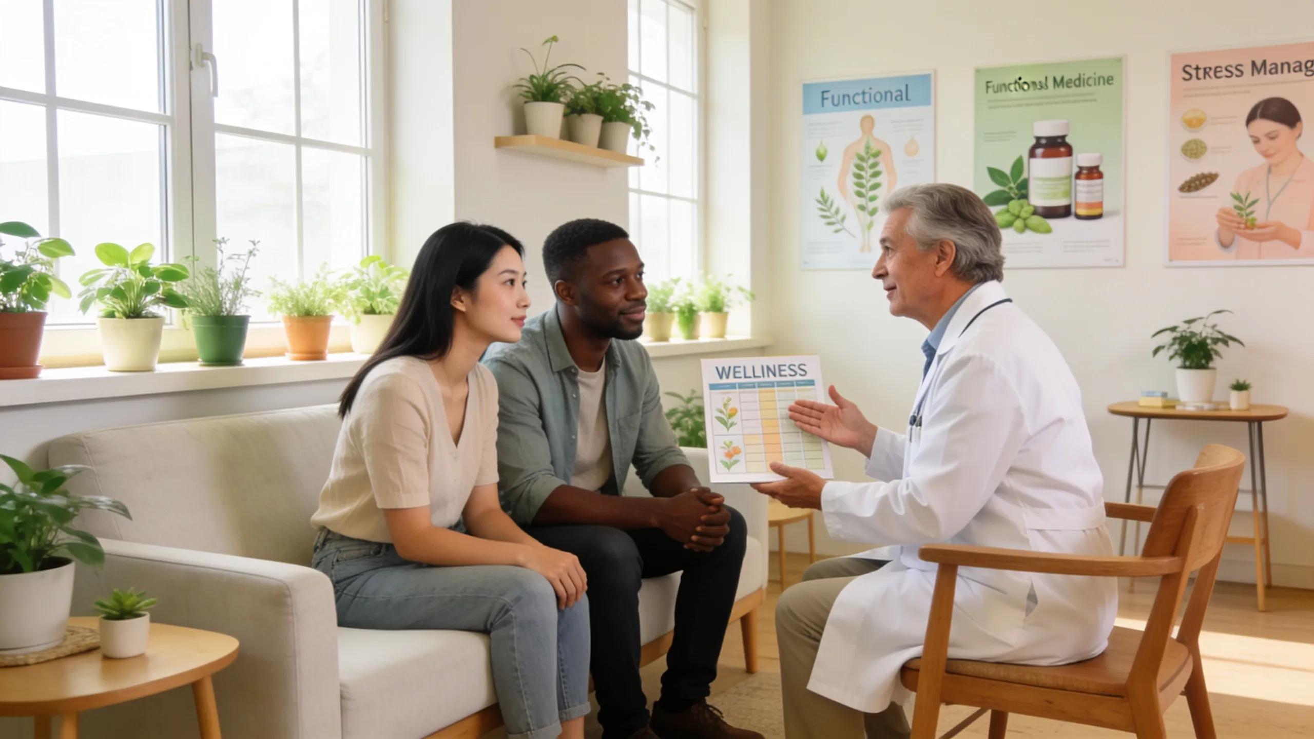 Functional medicine consultation for infertility support highlighted by diverse individuals and a caring practitioner in a wellness clinic