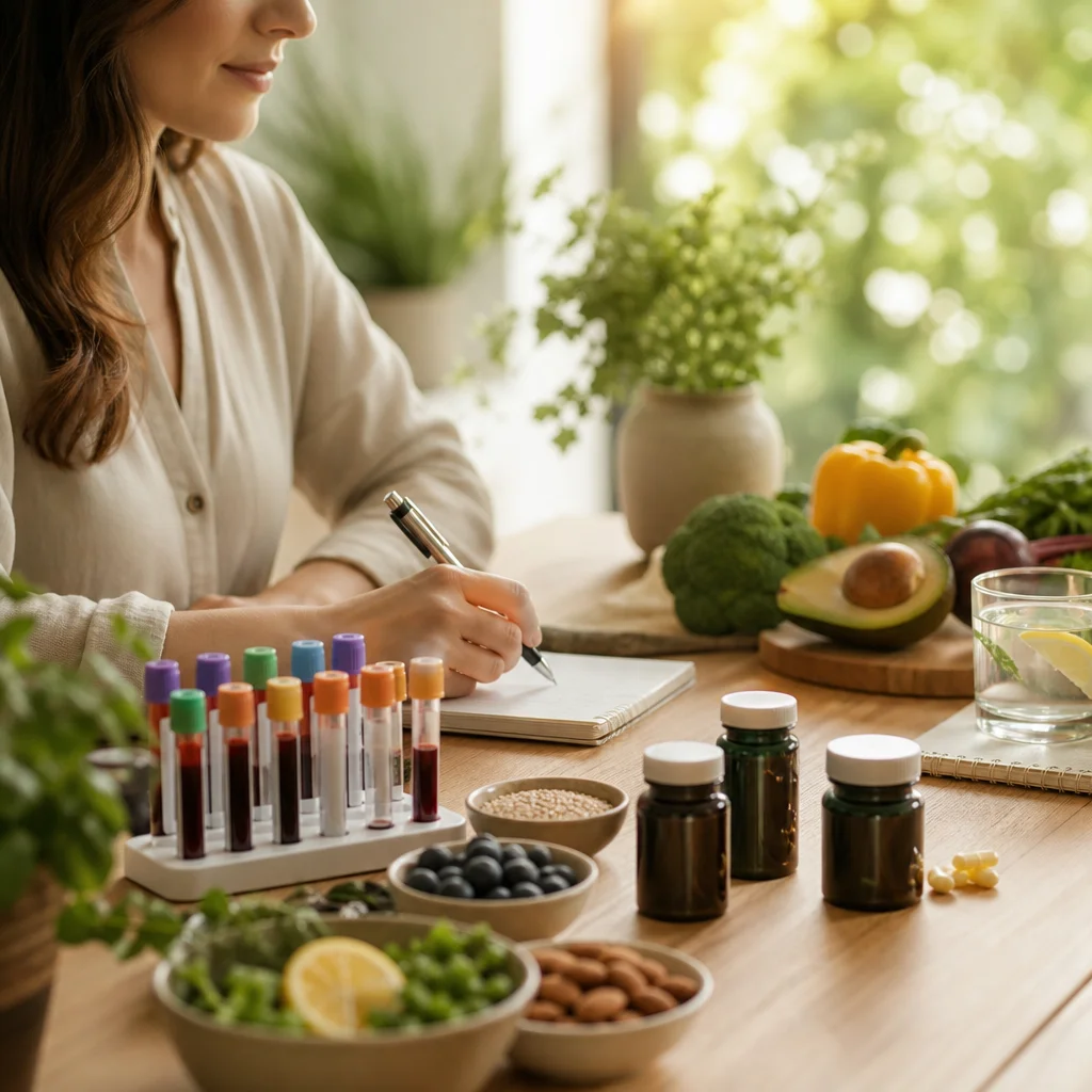 Woman reviewing blood test tubes and supplements for fertility restoration plan.