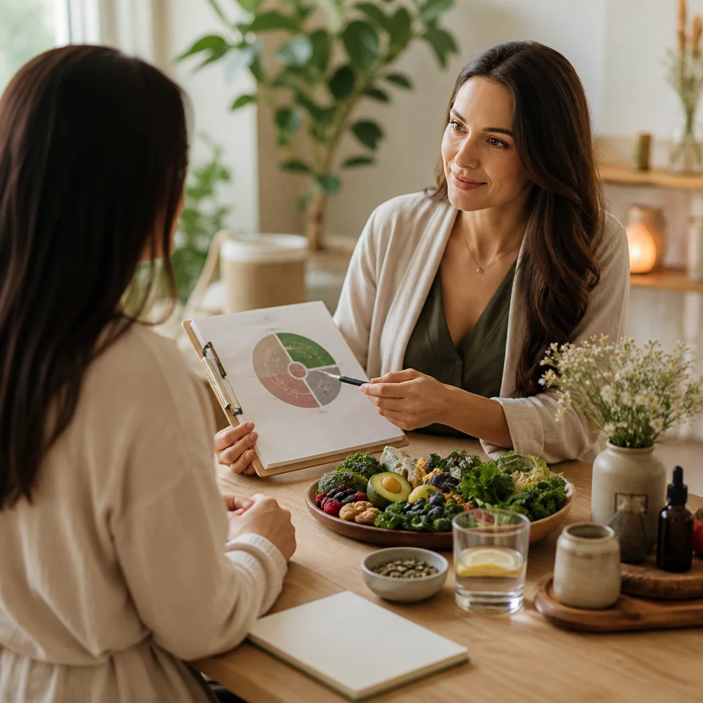 Health coach reviewing fertility chart with patient, alongside nutrient-dense foods and supplements.