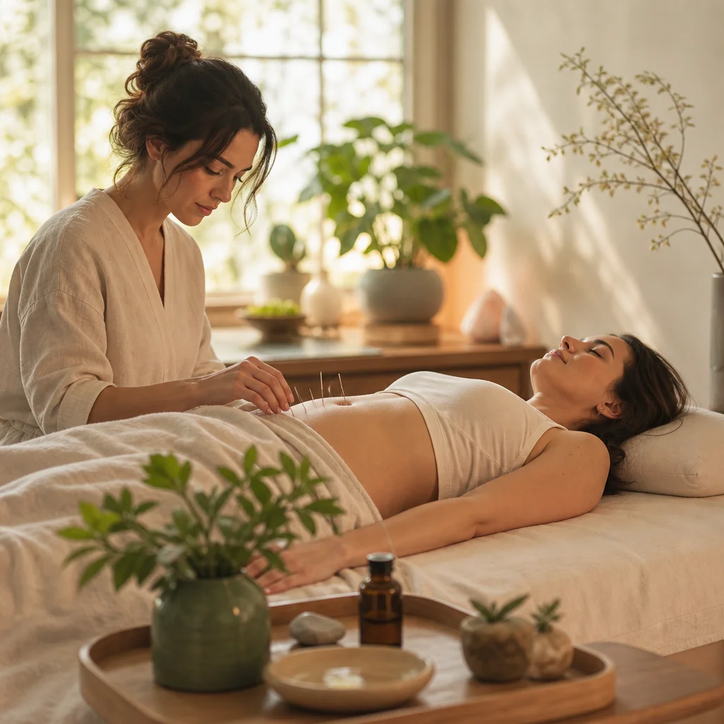 Acupuncture treatment for fertility, patient relaxing on treatment table in Boston.