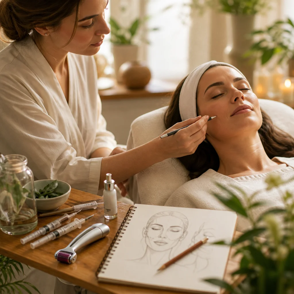 Aesthetician performing facial treatment and skin assessment with client, microneedling tools and treatment plan visible.