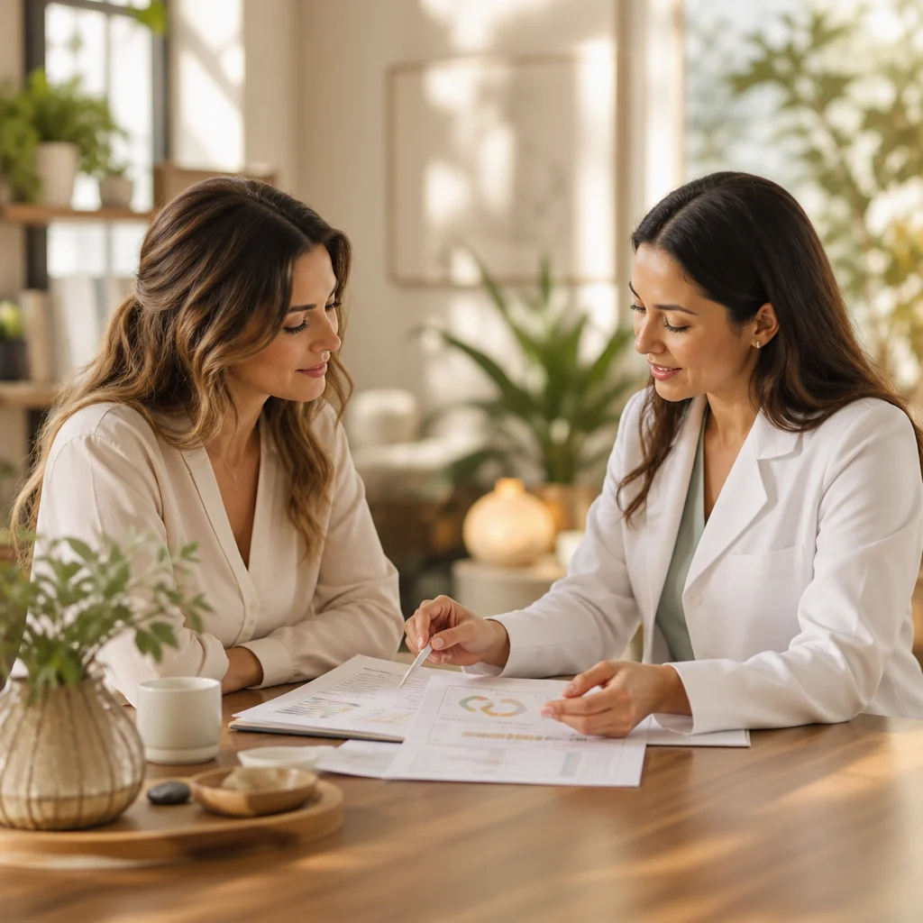 Practitioner and patient reviewing lab results, personalized treatment protocols, and functional medicine assessment.