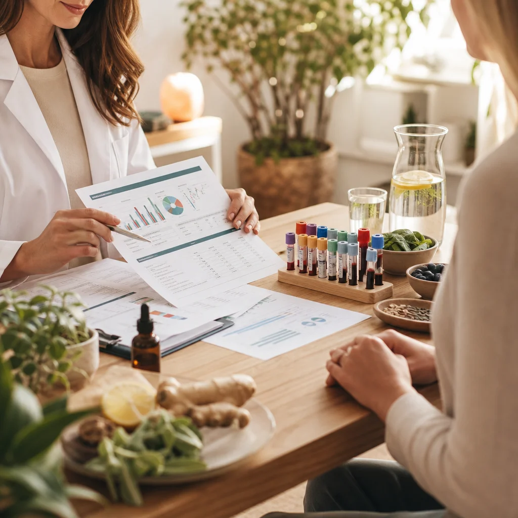 Practitioner reviewing lab results and treatment protocols with patient, alongside functional medicine assessment tools.