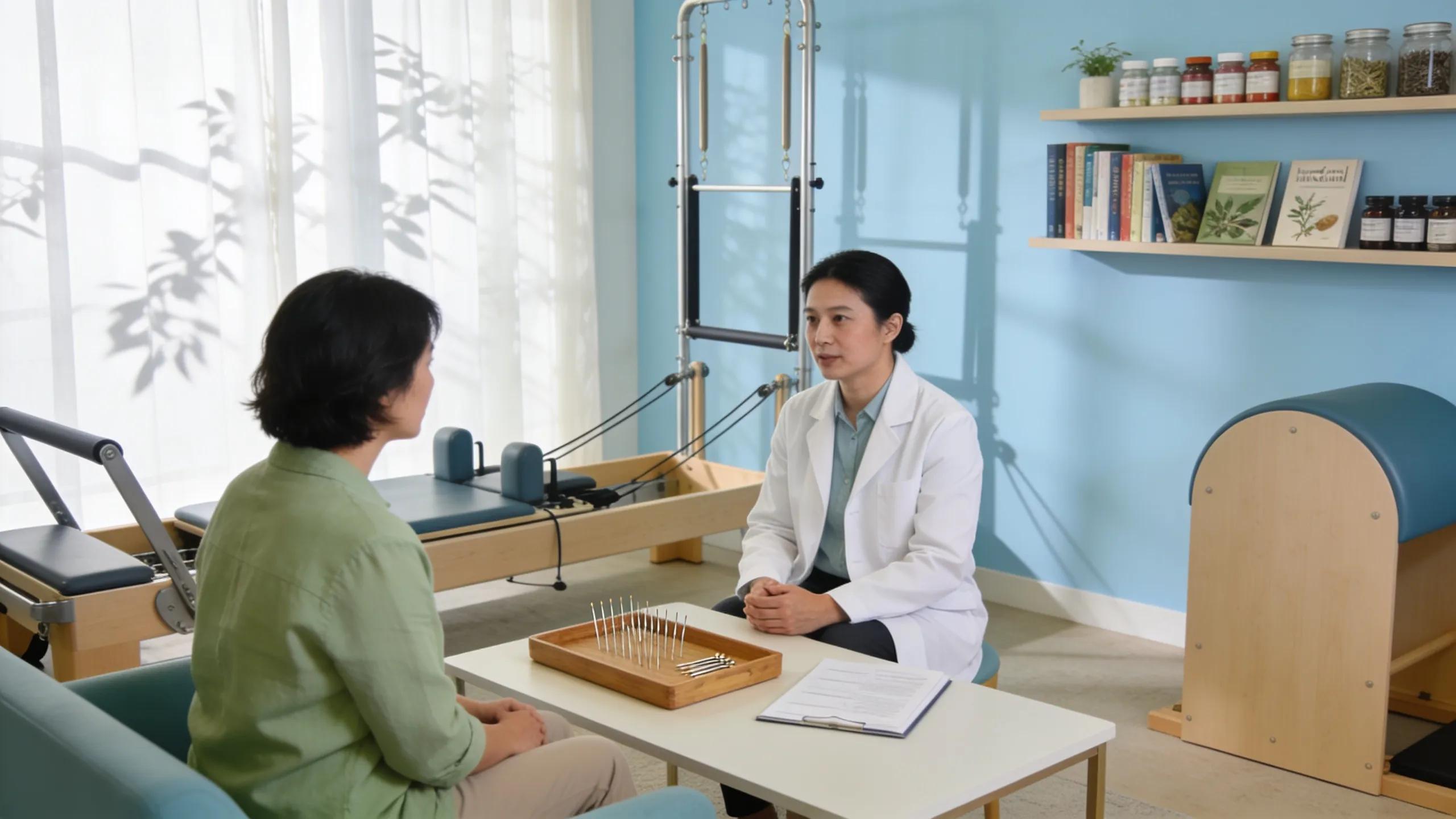 Wellness practitioner consulting with a client in a holistic setting, integrating Reformer Pilates, functional medicine, and acupuncture