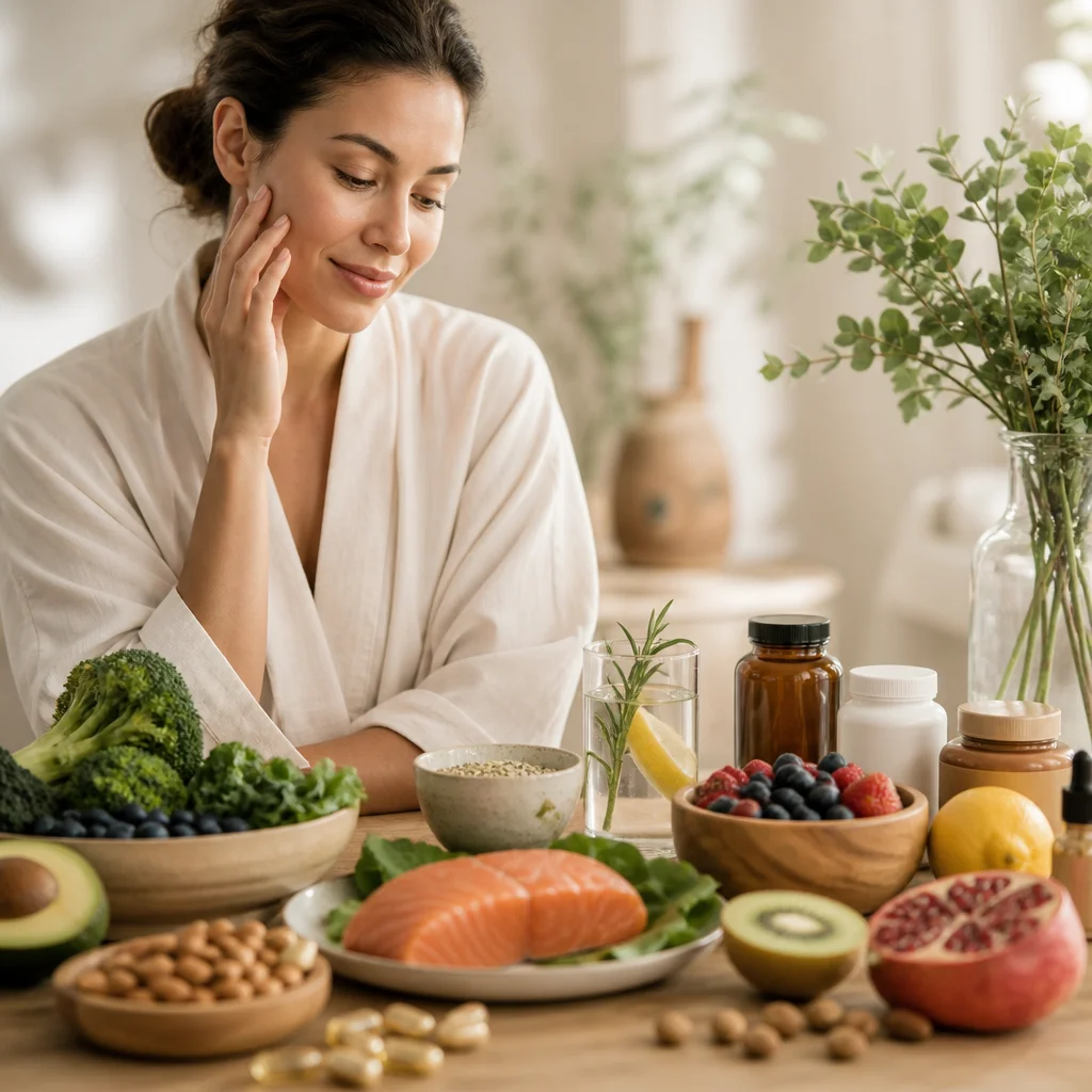 Woman thoughtfully considering nutrient-rich foods for aesthetic recovery, including salmon, broccoli, berries, and supplements.