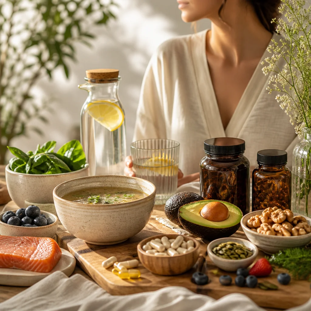 Whole foods and supplements for aesthetic recovery, including salmon, avocado, berries, and collagen peptides.