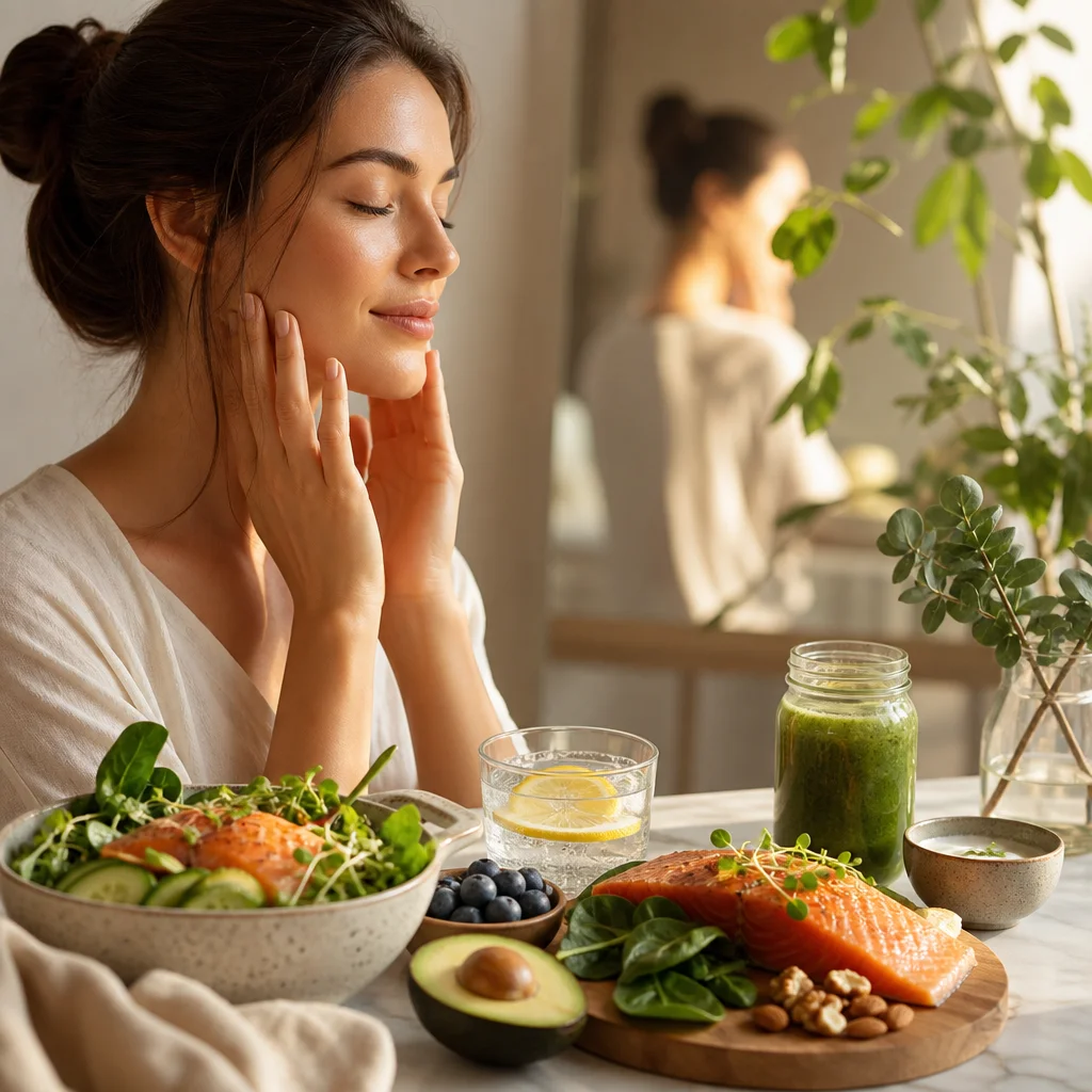 Woman relaxing with healthy meal supporting aesthetic recovery and functional medicine nutrition.
