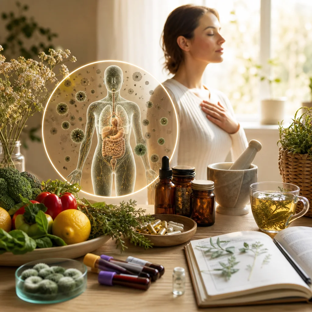 Woman meditating with anatomical illustration overlay, herbs, produce, and supplements representing holistic health and mold