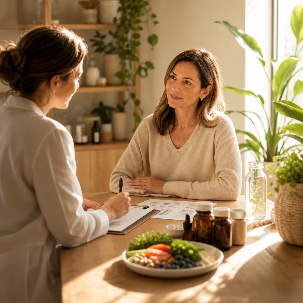 Practitioner consulting with patient about mold toxicity recovery and functional lab testing.