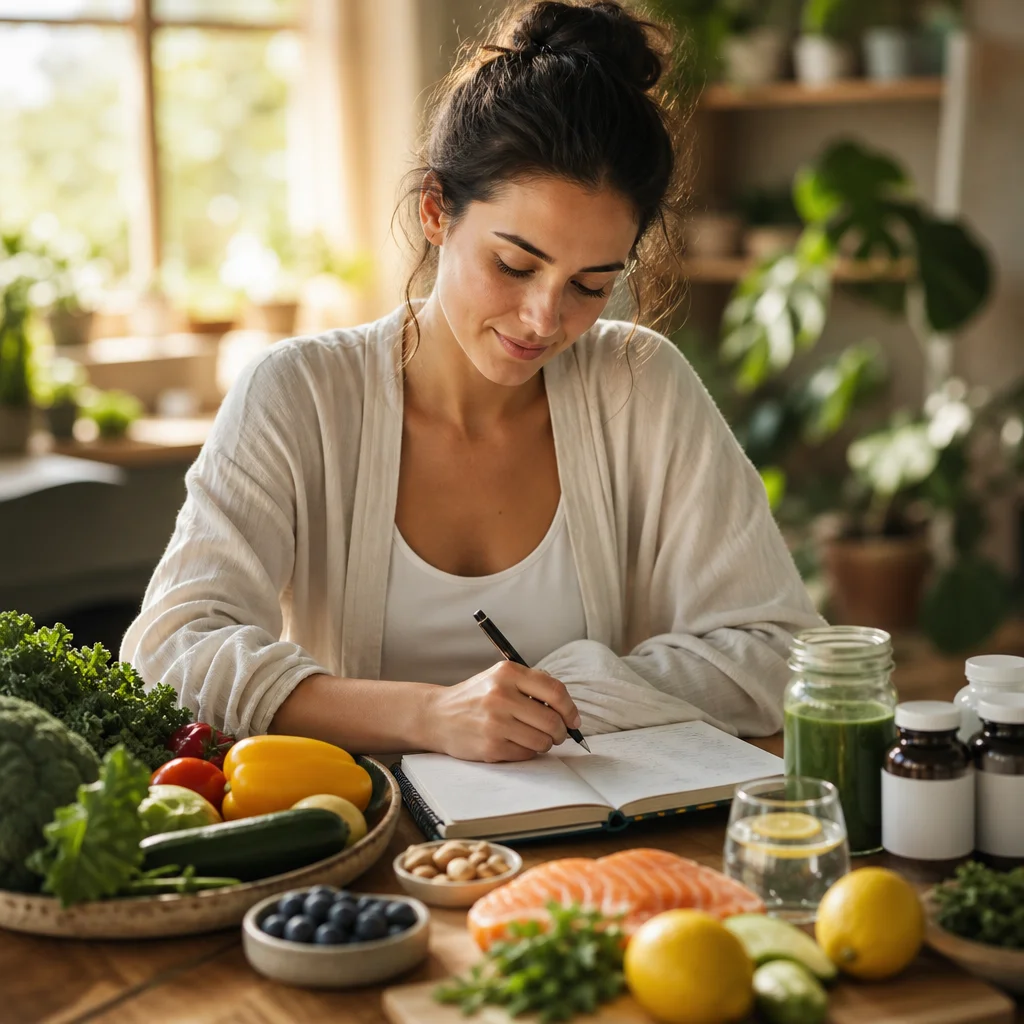 Woman journaling with healthy foods and supplements for Long COVID recovery.