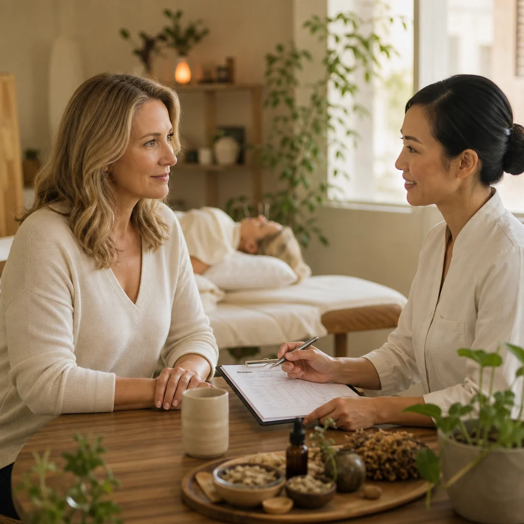Woman consulting with healthcare practitioner in WellFit Studio setting, reviewing clinical assessment.