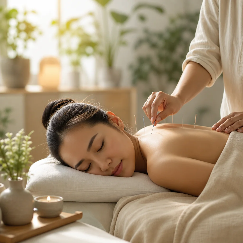 Woman receiving acupuncture treatment in Boston, illustrating integrative health and functional medicine services.