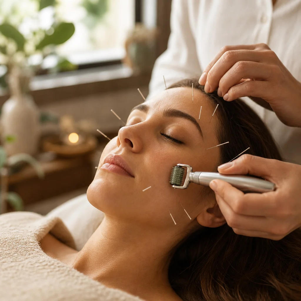 Cosmetic acupuncture and microneedling facial treatment stimulating collagen production.