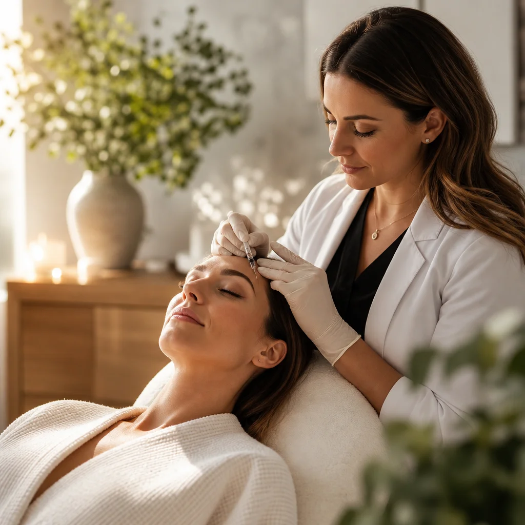 Aesthetic practitioner administering Botox to patient's forehead, illustrating integrative aesthetic treatments and functional medicine approach.